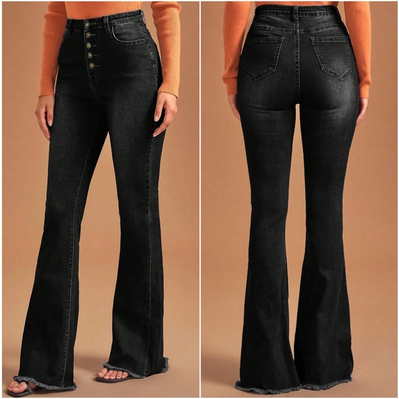 Dark Wash Button Fly High Waisted denim bell bottom Jeans - Picture 5 of 6